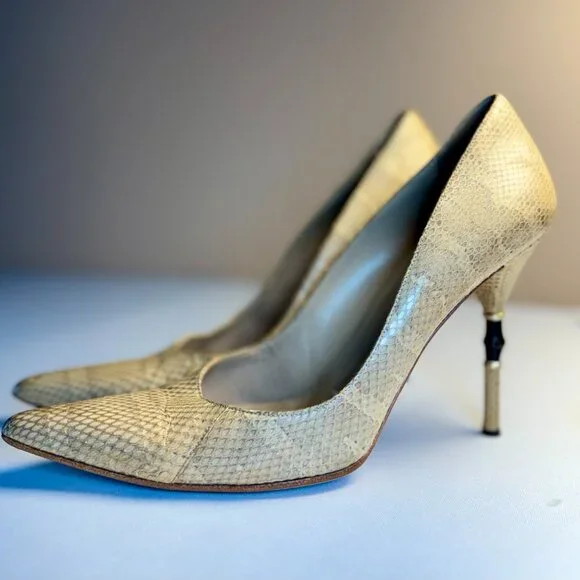 Gucci Python Bamboo Heel Pumps Tan Pointed Toe Vintage Size 40C Made Italy 90s